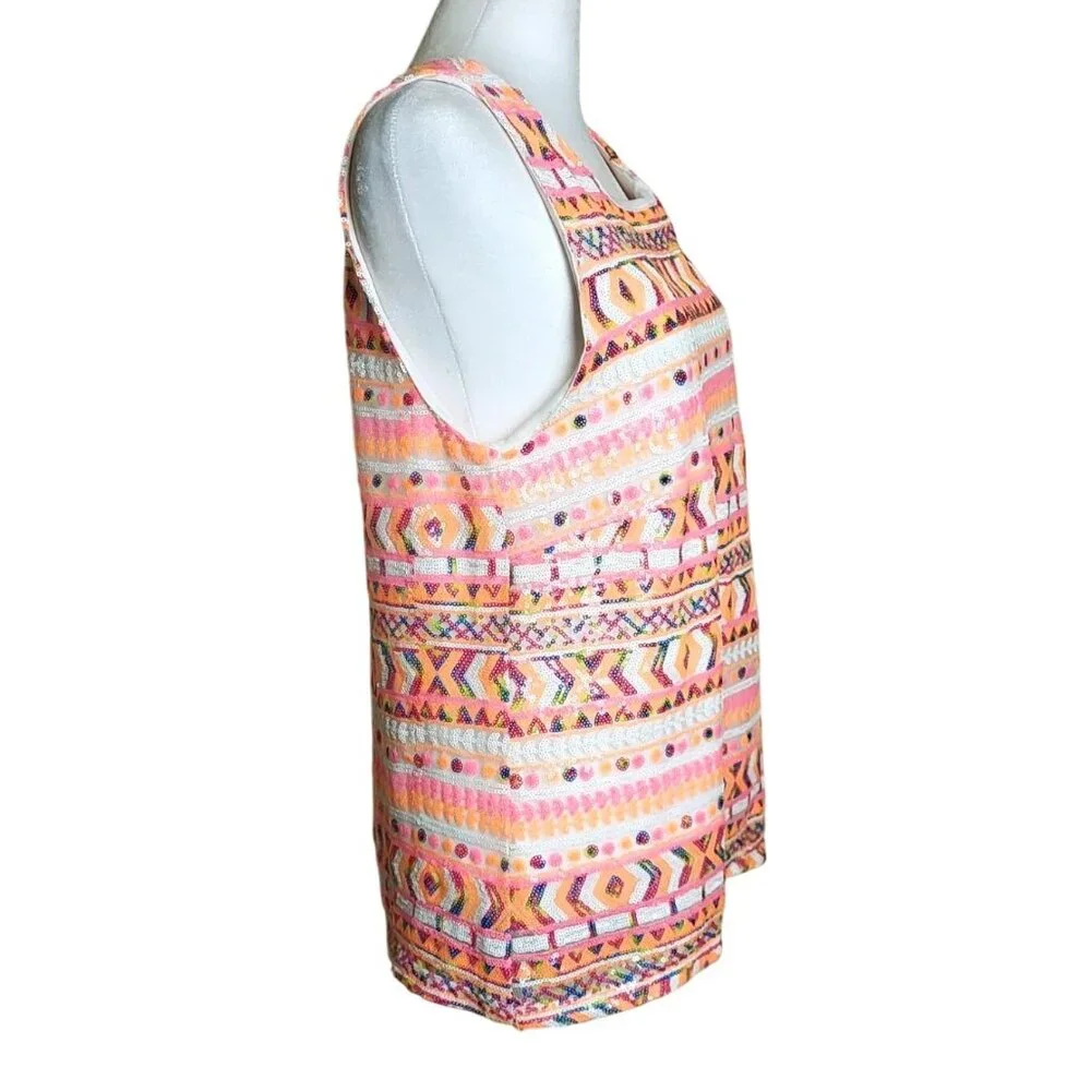 Miami Pink Sequins Aztec Design Sleeveless Top Size Medium